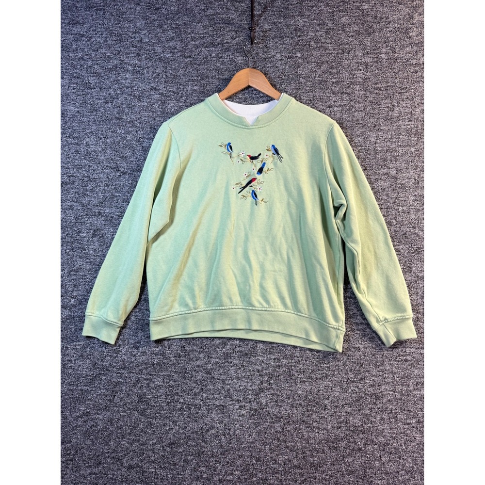 Kim Rogers Womens Sage Green Embroidered Bird Sweatshirt Double Neck Size Medium